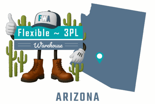 Flexible 3PL Warehouse America - Arizona mascot with state map and cities of operation marked