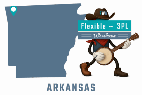 Flexible 3PL Warehouse America - Arkansas mascot with state map and cities of operation marked