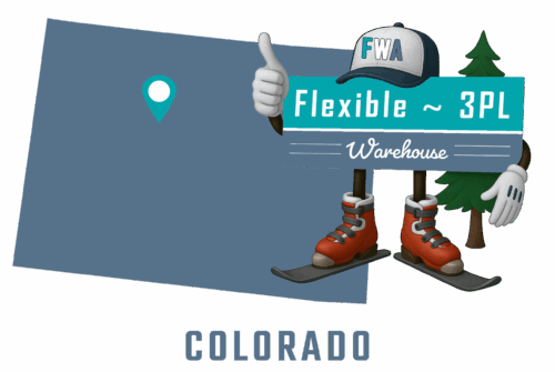 Flexible 3PL Warehouse America - Colorado mascot with state map and cities of operation marked