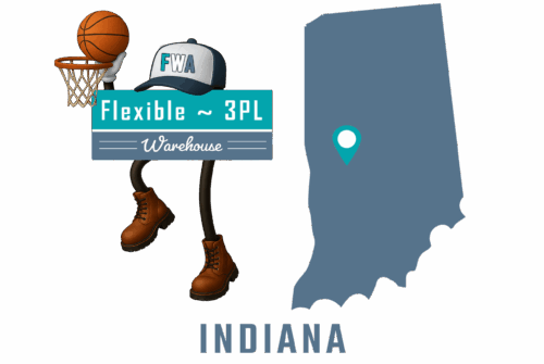 Flexible 3PL Warehouse America - Indiana mascot with state map and cities of operation marked