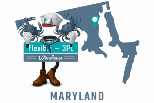 Flexible 3PL Warehouse America - Maryland mascot with state map and cities of operation marked