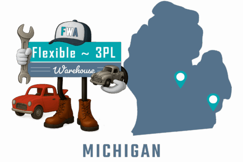 Flexible 3PL Warehouse America - Michigan mascot with state map and cities of operation marked