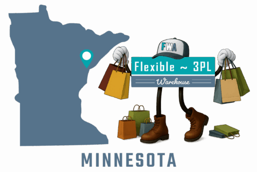 Flexible 3PL Warehouse America - Minnesota mascot with state map and cities of operation marked