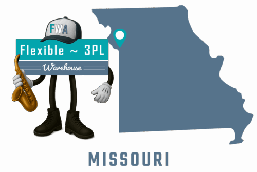Flexible 3PL Warehouse America - Missouri mascot with state map and cities of operation marked