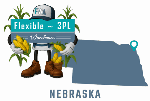 Flexible 3PL Warehouse America - Nevada mascot with state map and cities of operation marked
