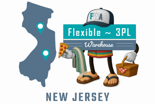 Flexible 3PL Warehouse America - New Jersey mascot with state map and cities of operation marked