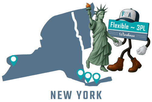 Flexible 3PL Warehouse America - New York mascot with state map and cities of operation marked