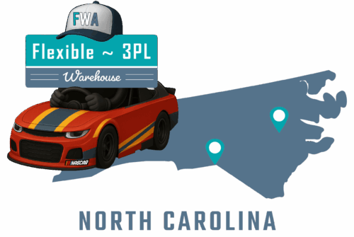 Flexible 3PL Warehouse America - North Carolina mascot with state map and cities of operation marked