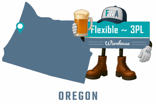 Flexible 3PL Warehouse America - Oregon mascot with state map and cities of operation marked