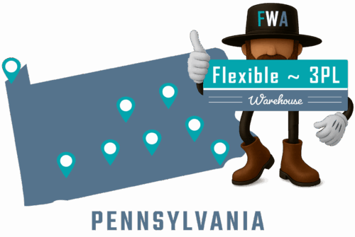 Flexible 3PL Warehouse America - Pennsylvania mascot with state map and cities of operation marked