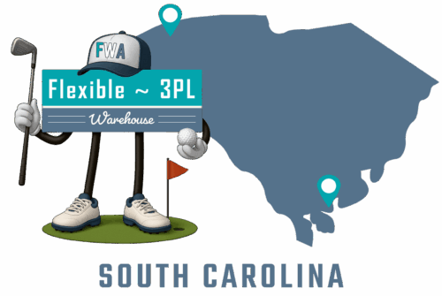 Flexible 3PL Warehouse America - South Carolina mascot with state map and cities of operation marked