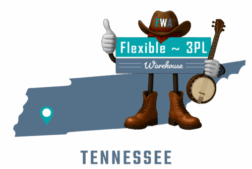 Flexible 3PL Warehouse America - Pennsylvania mascot with state map and cities of operation marked