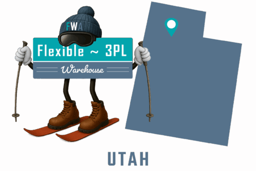 Flexible 3PL Warehouse America - Utah mascot with state map and cities of operation marked