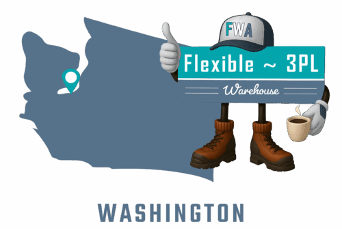 Flexible 3PL Warehouse America - Washington mascot with state map and cities of operation marked