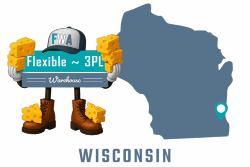 Flexible 3PL Warehouse America - Wisconsin mascot with state map and cities of operation marked